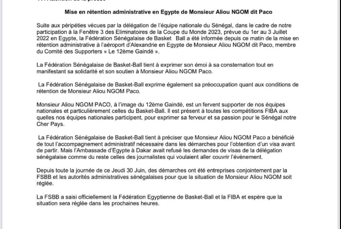 BASKET/ÉLIMINATOIRES DE LA COUPE DU MONDEAliou Ngom dit « Paco » mis en rétention administrative en Egypte